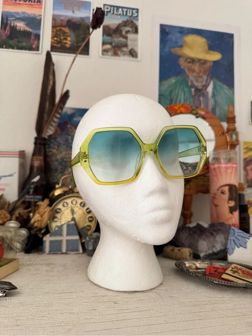 Retro Lime Green Hexagonal Sunglasses